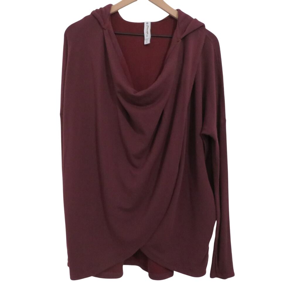 Athleta Womens Sz M Burgundy Maroon Purana Wrap Hoodie Cozy Draped Long Sleeve